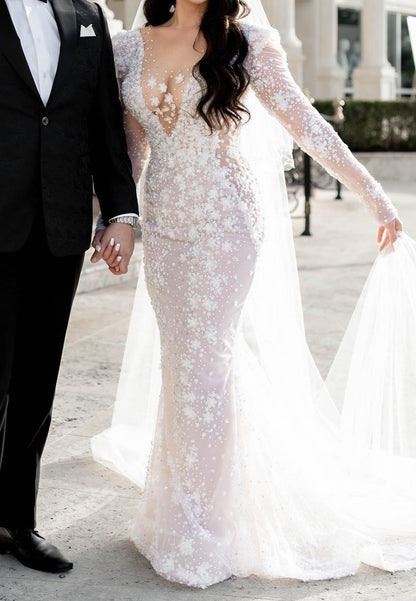 Beaded Illusion Plunge Mermaid Wedding Dress