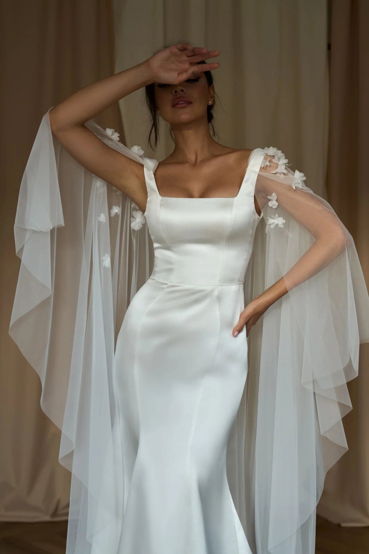 Square Neck Mermaid Wedding Dress with 3D Floral Cape