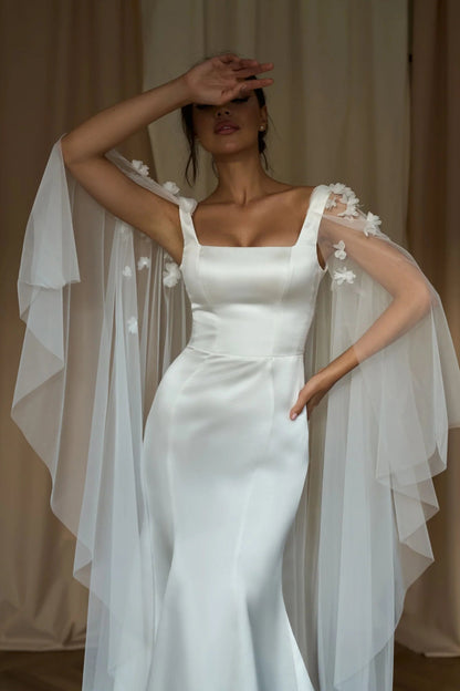 Square Neck Mermaid Wedding Dress with 3D Floral Cape