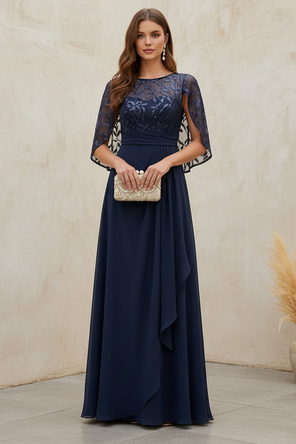 Cape Overlay Chiffon A-Line Evening Gown