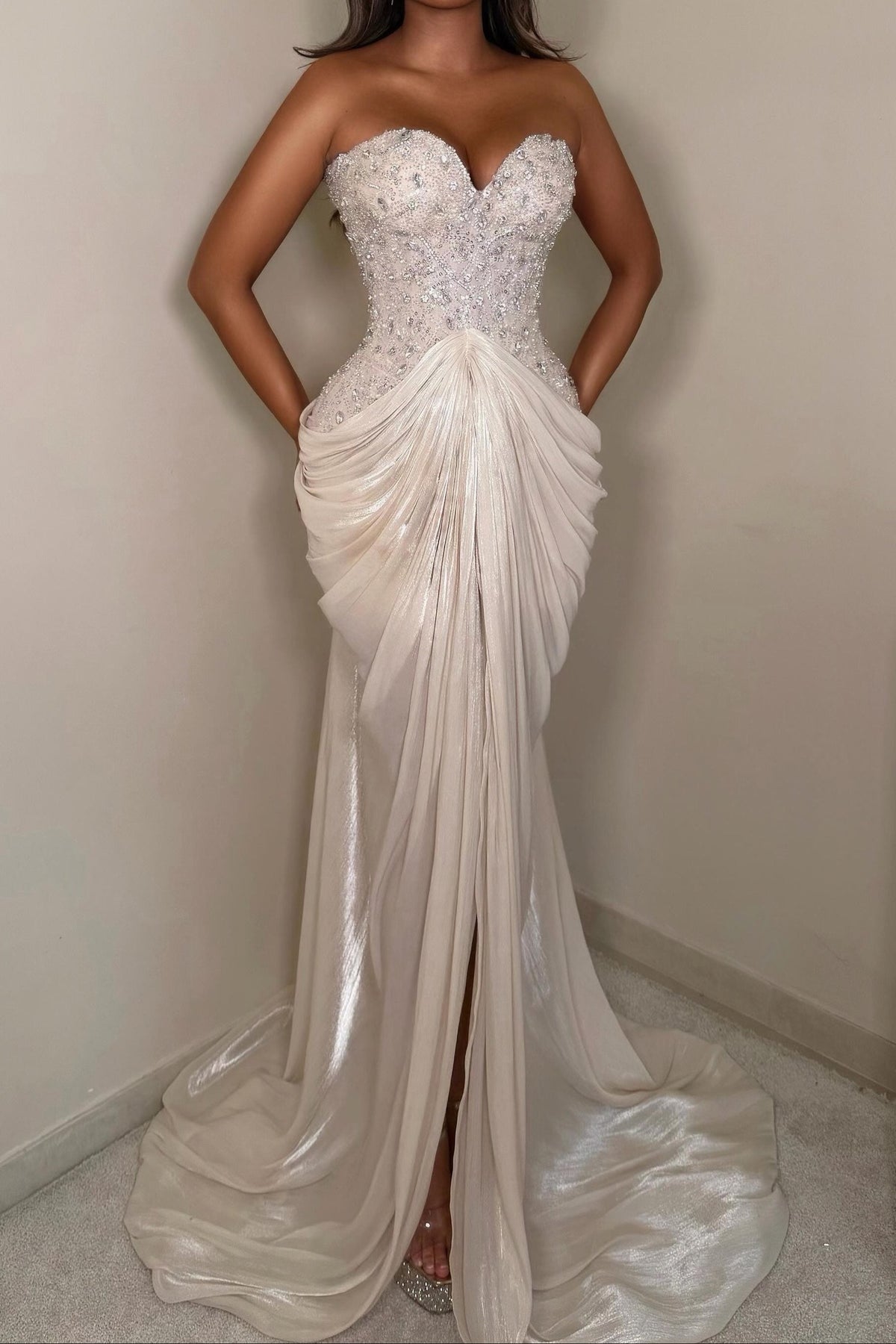 Beaded Sweetheart Draped Gown with Front Slit