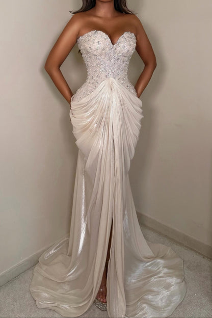 Beaded Sweetheart Draped Gown with Front Slit