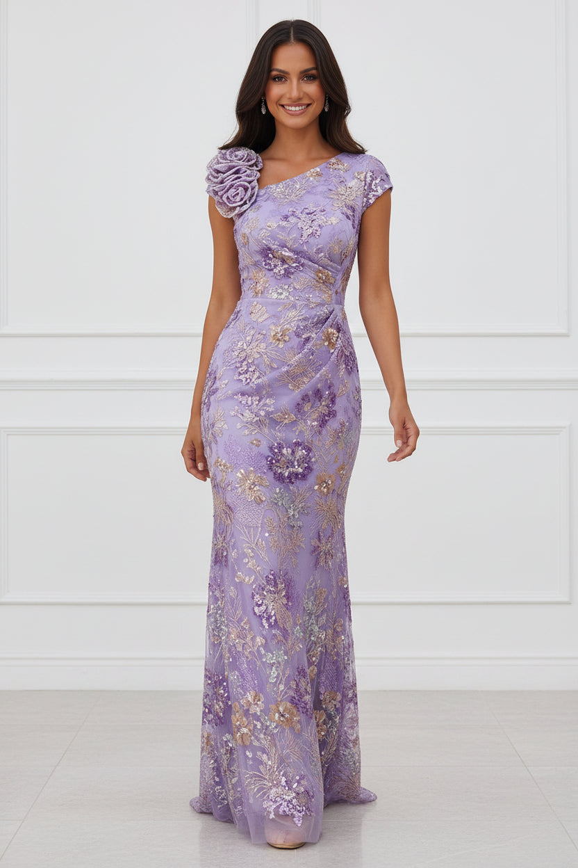 Sequined Cap Sleeve Column Gown with 3D Flower