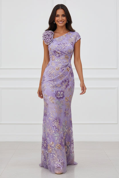 Sequined Cap Sleeve Column Gown with 3D Flower