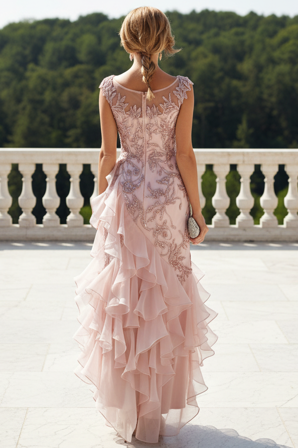 Embroidered Illusion Cap Sleeve High Low Evening Dress