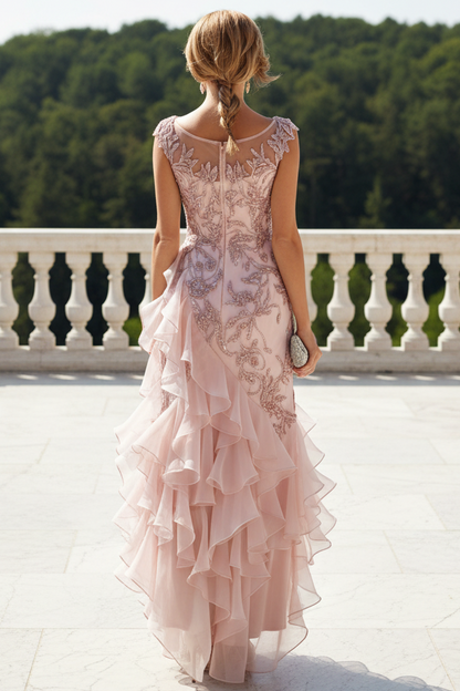 Embroidered Illusion Cap Sleeve High Low Evening Dress