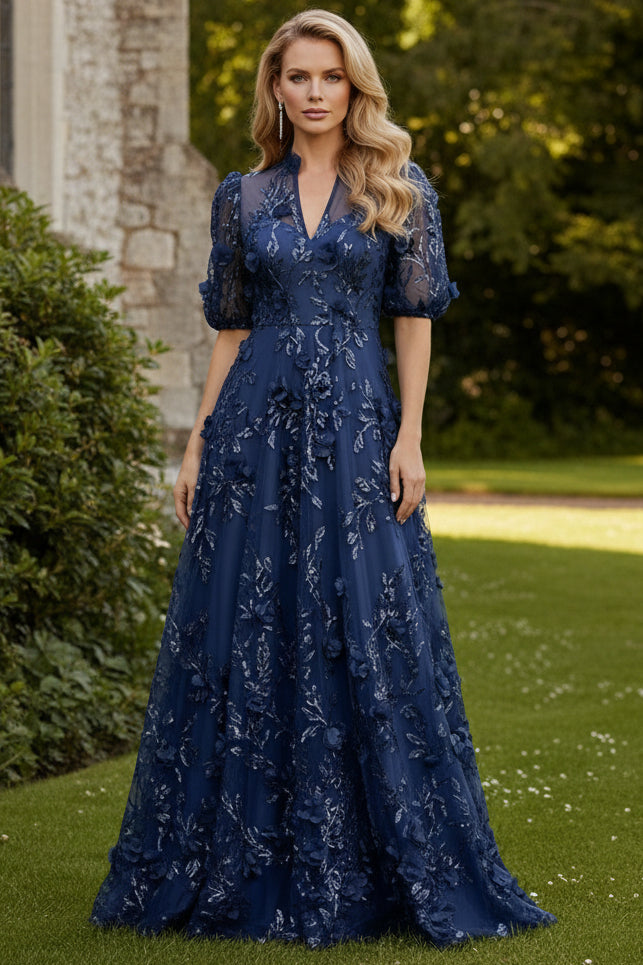 3D Floral Applique Short Sleeve A-Line Gown