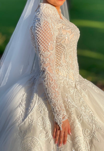 Embroidered Ball Gown Wedding Dress with Long Sleeves