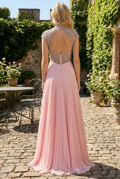 Beaded Keyhole Evening Gown with Pleated Slit Skirt