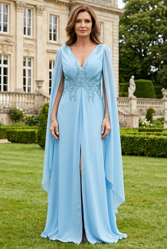 Embroidered Cape Sleeve Evening Gown with Slit