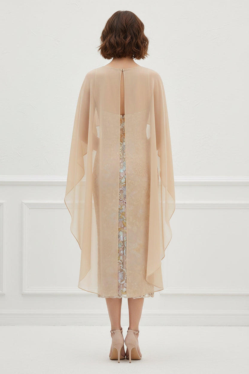 Elegant Embroidered Sheath Dress with Chiffon Cape