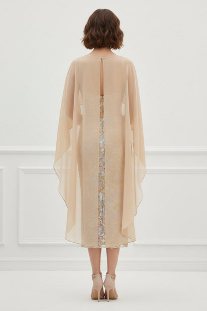 Elegant Embroidered Sheath Dress with Chiffon Cape