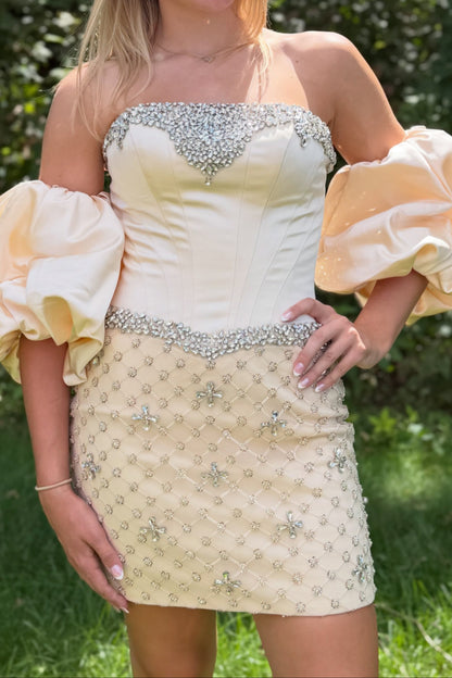 Corset Mini Dress with Puffed Sleeves and Rhinestones