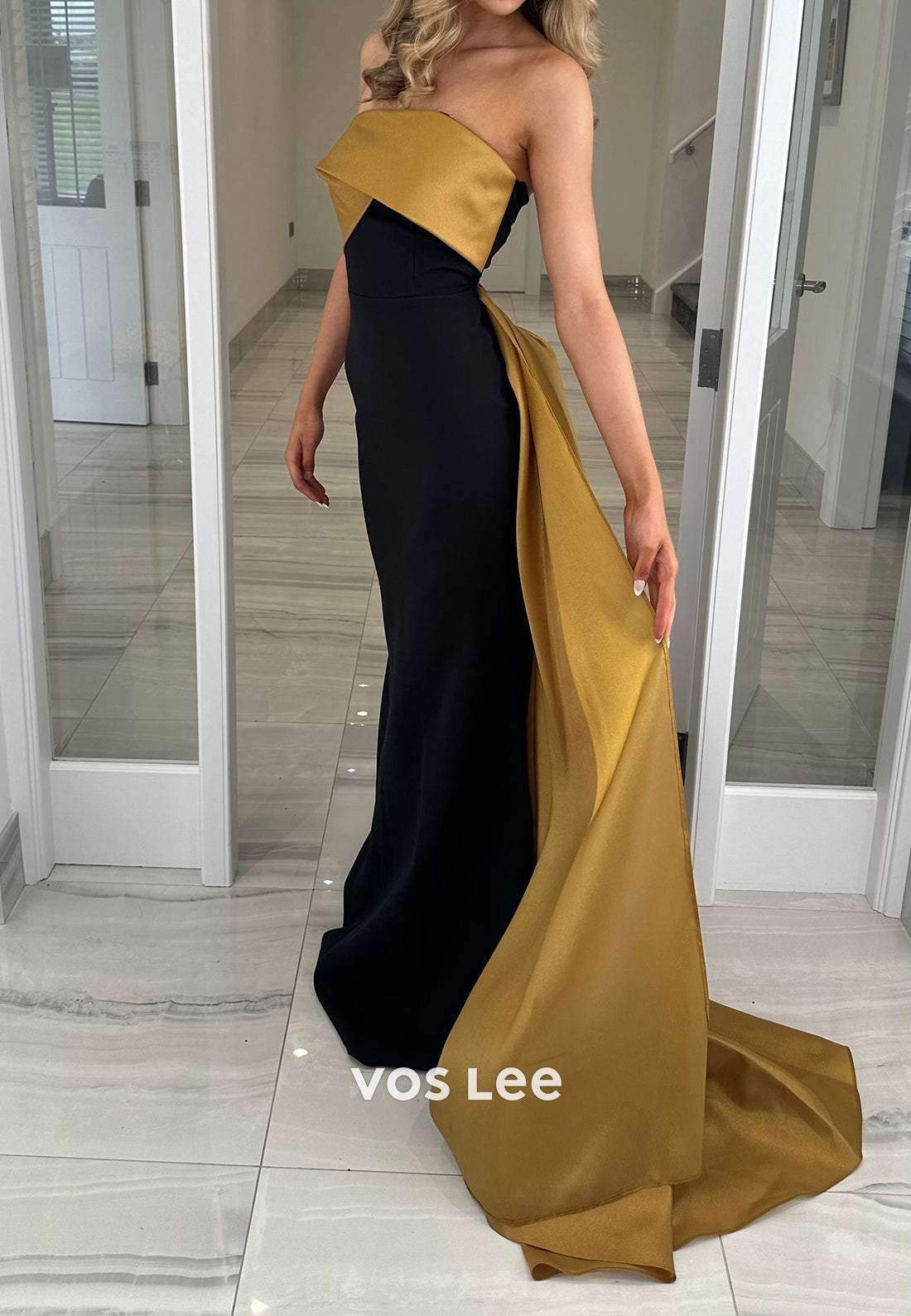 Strapless Evening Gown with Contrast Side Drape