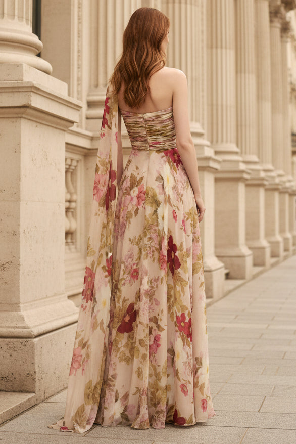 Floral Ruched One-Shoulder Slit Evening Gown