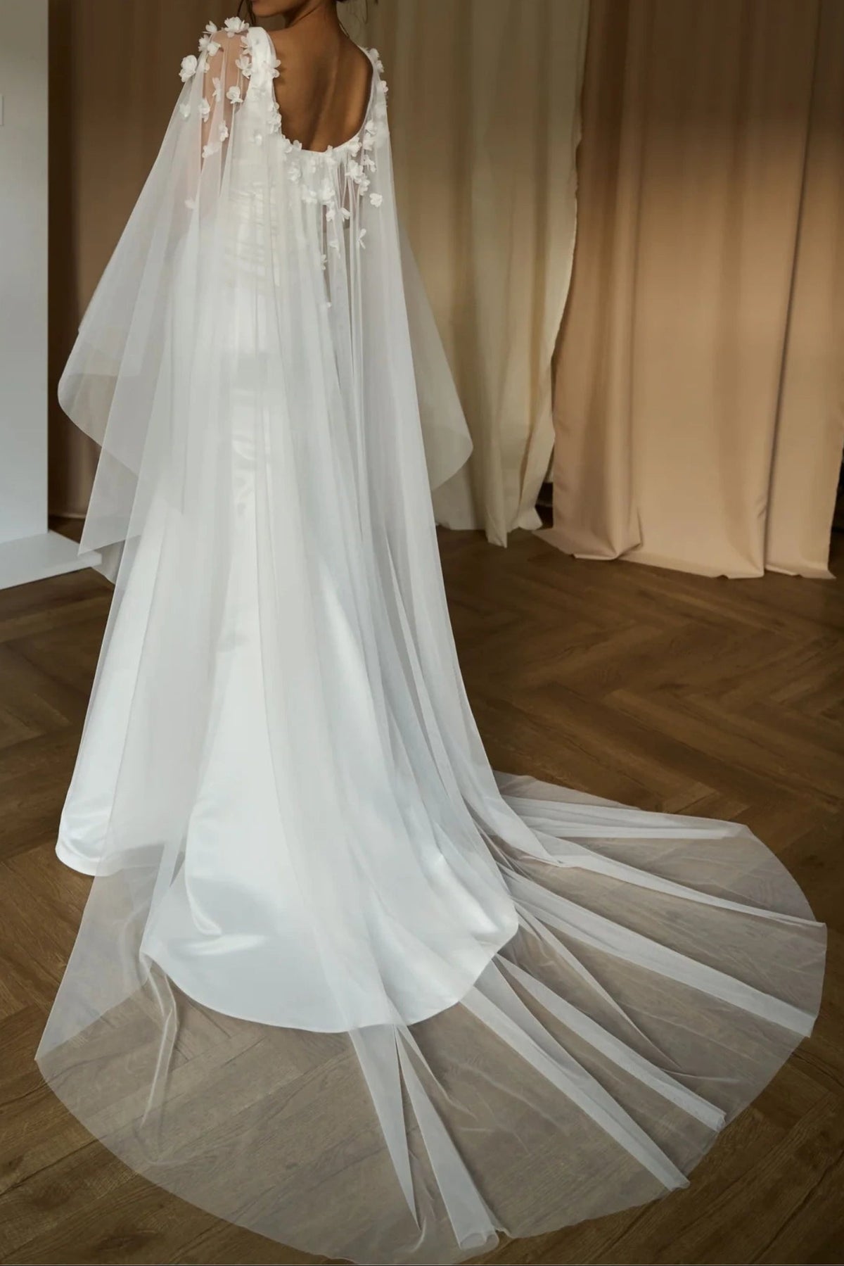 Square Neck Mermaid Wedding Dress with 3D Floral Cape