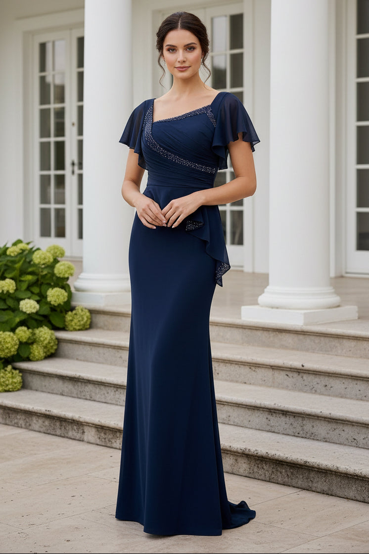 Asymmetrical Flutter Sleeve Crepe Evening Gown
