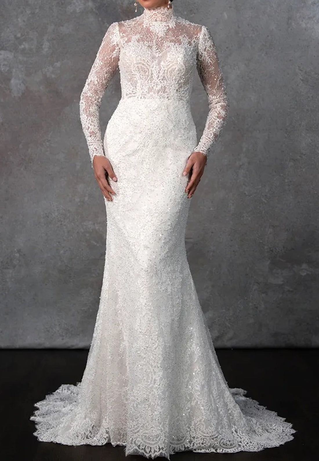High-Neck Lace Long Sleeve Mermaid Wedding Dress