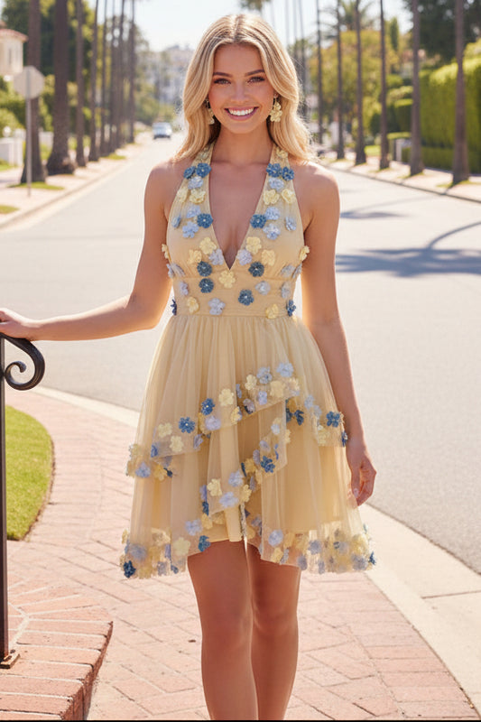 Halter Neck Tiered Mini Dress with 3D Flowers