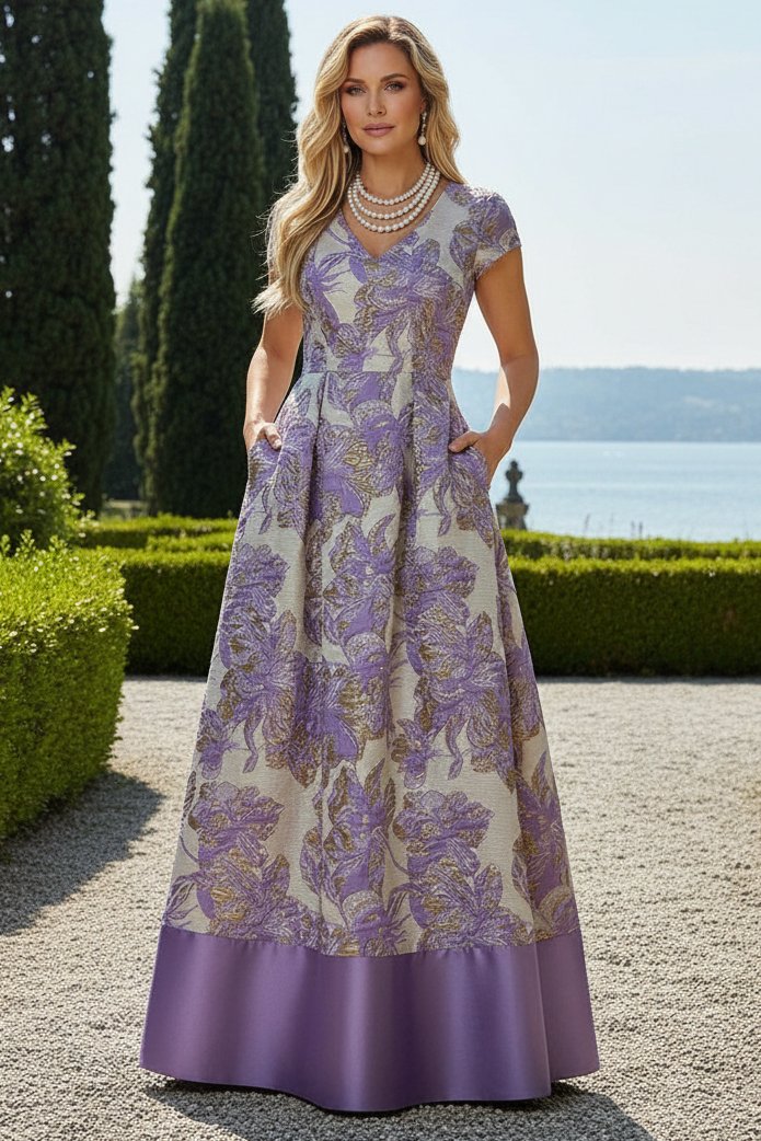 Floral Jacquard A-Line Gown with Pockets