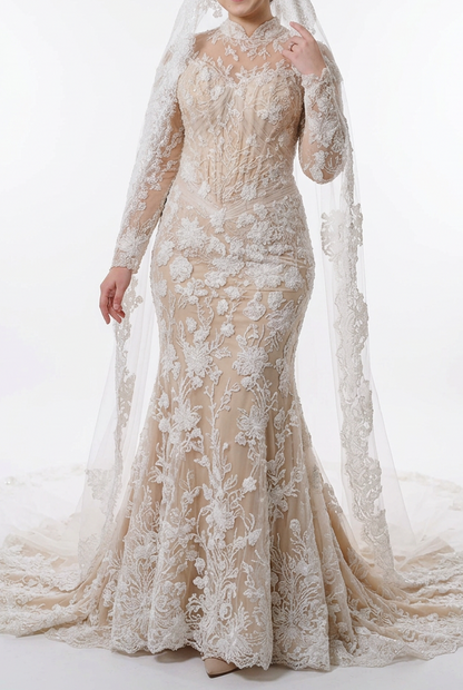 High Neck Lace Long Sleeve Wedding Dress