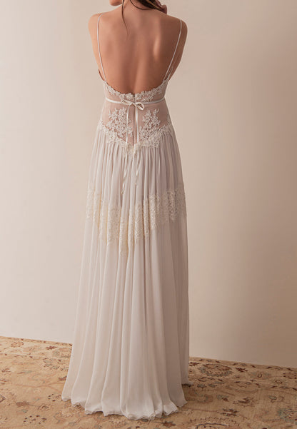 Lace and Chiffon Deep V-Neck Maxi Dress