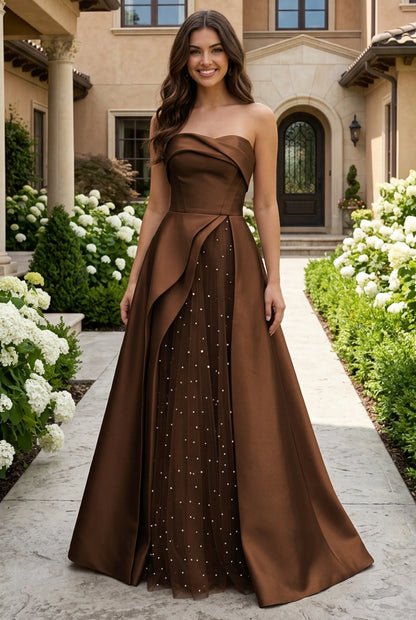 Strapless Satin Ball Gown with Pearl Tulle Split