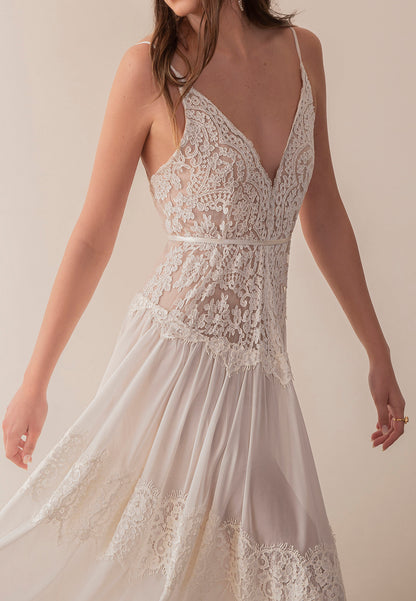 Lace and Chiffon Deep V-Neck Maxi Dress