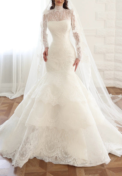 High Neck Lace Mermaid Wedding Dress with Tiered Skirt