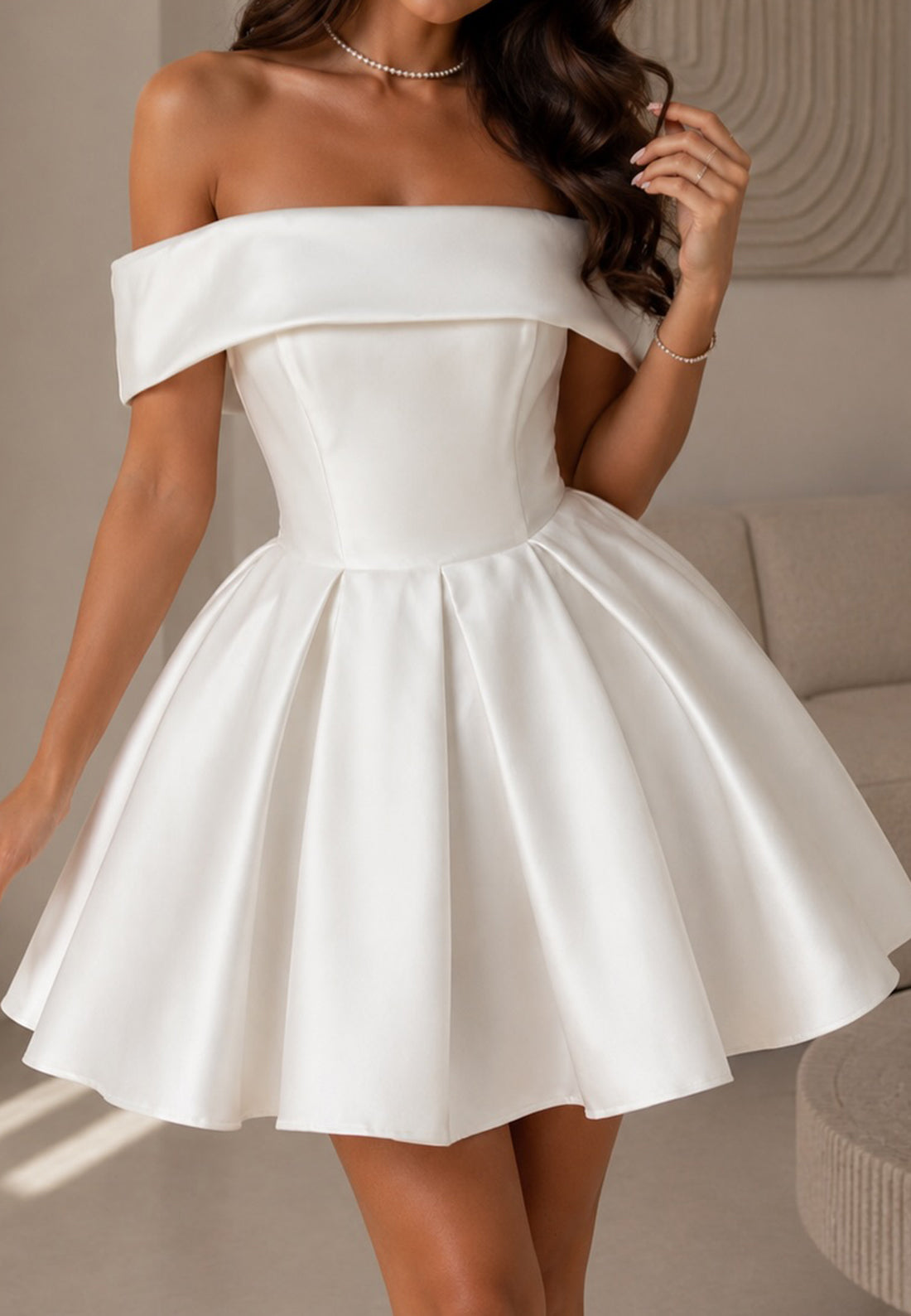 Off-the-Shoulder Pleated Satin Mini Dress