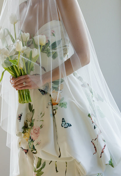 Floral Strapless Ball Gown with Draped Skirt