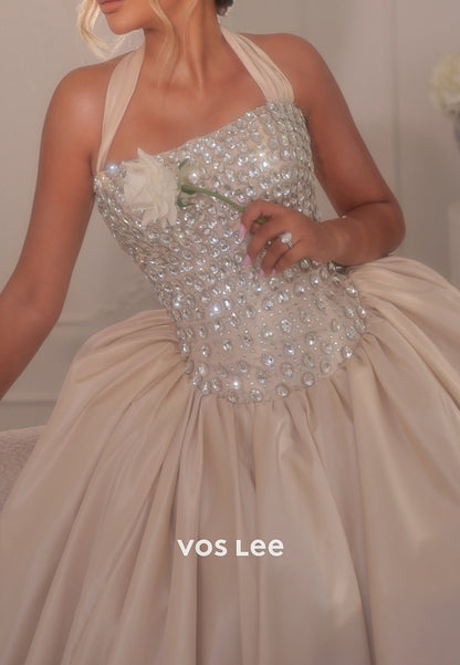 Crystal Beaded Halter Ball Gown with Shawl