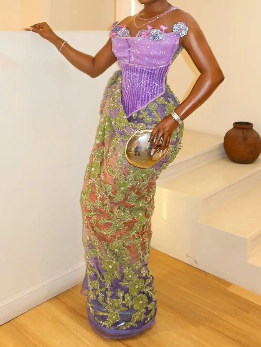 Corset Lace Evening Gown with 3D Florals