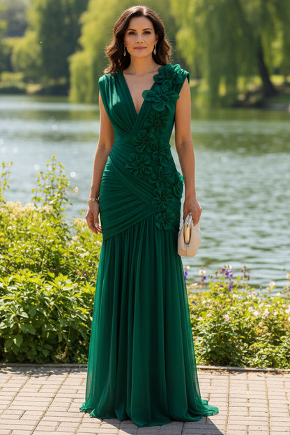 Ruched Floral Appliqué Floor-Length Evening Gown