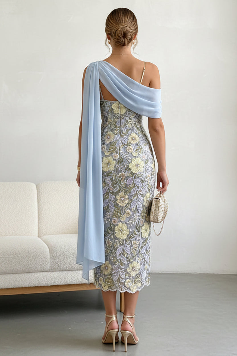 Embroidered Floral Midi Sheath Dress with Draped Shoulder