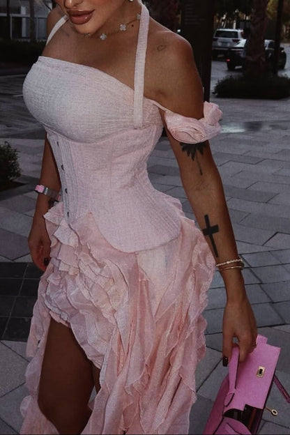 Asymmetrical Ruffled Corset Halter Dress
