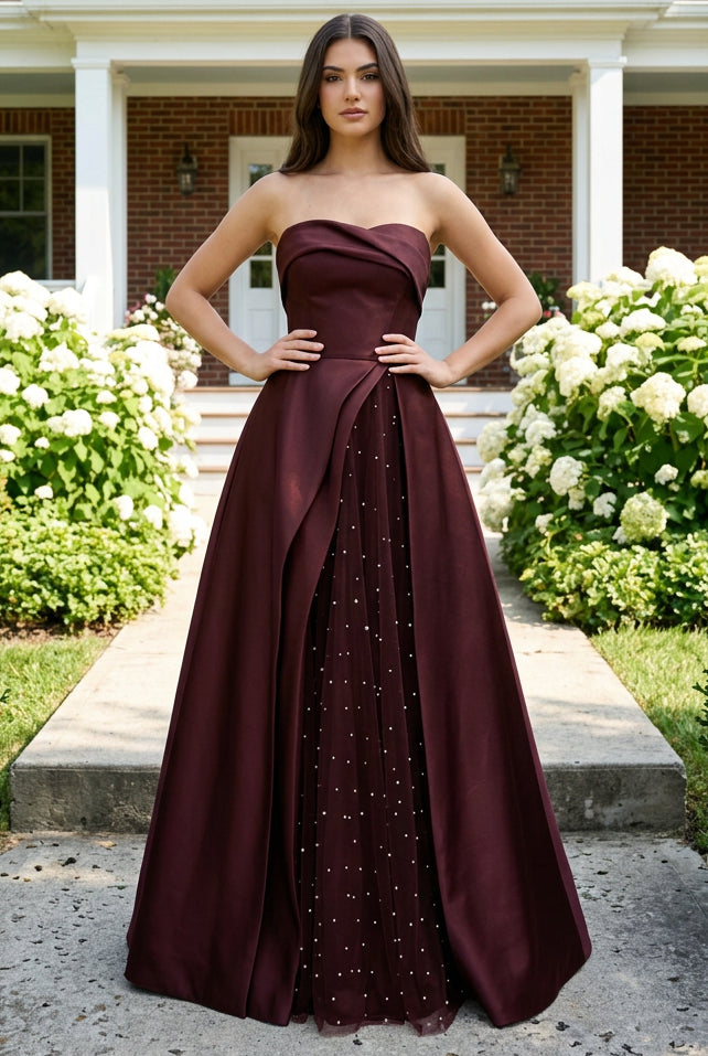 Strapless Satin Ball Gown with Pearl Tulle Split