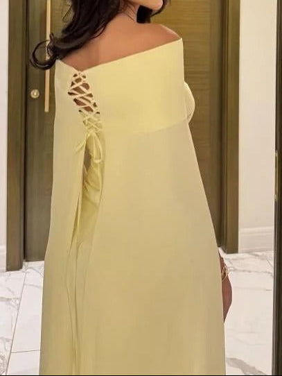 Cape Evening Gown with Floral Waist Embroidery