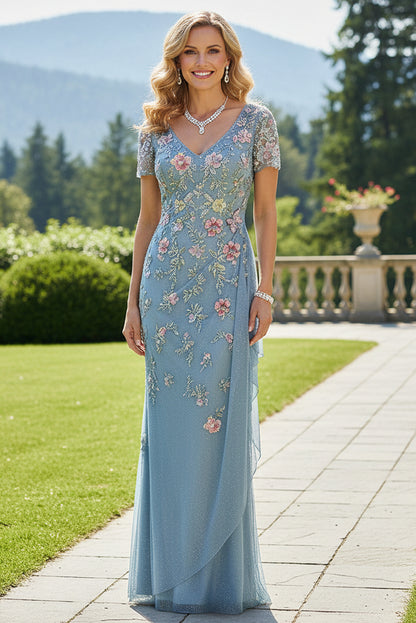 Embroidered V-Neck Short Sleeve Evening Gown