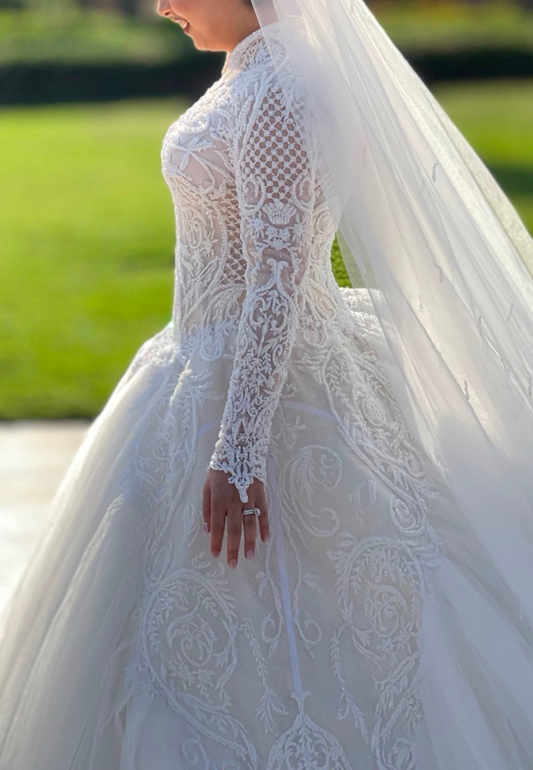 Embroidered Ball Gown Wedding Dress with Long Sleeves