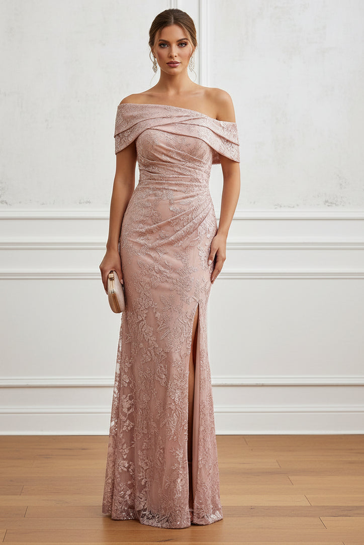 Off-the-Shoulder Ruched Lace Evening Gown with Slit