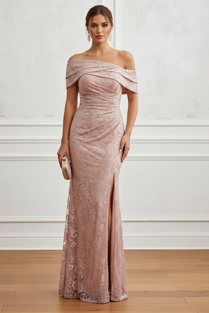 Off-the-Shoulder Ruched Lace Evening Gown with Slit