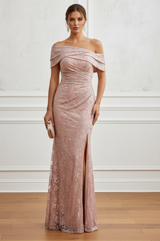 Off-the-Shoulder Ruched Lace Evening Gown with Slit
