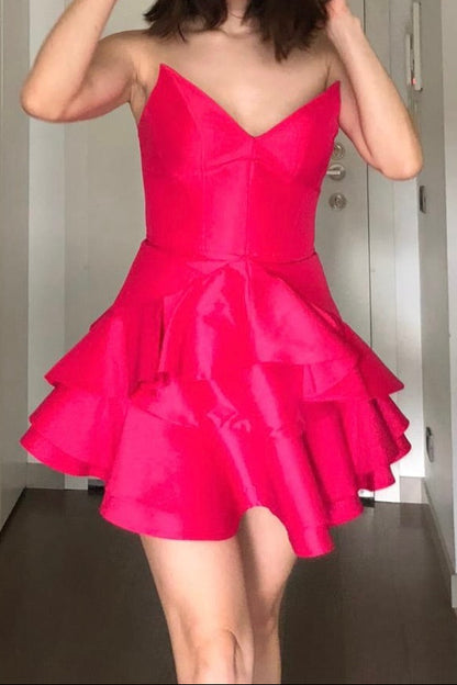 Strapless Satin Corset Mini Dress with Tiered Ruffle Skirt