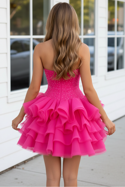 Strapless Ruffled Tulle Mini Dress with Beaded Bodice