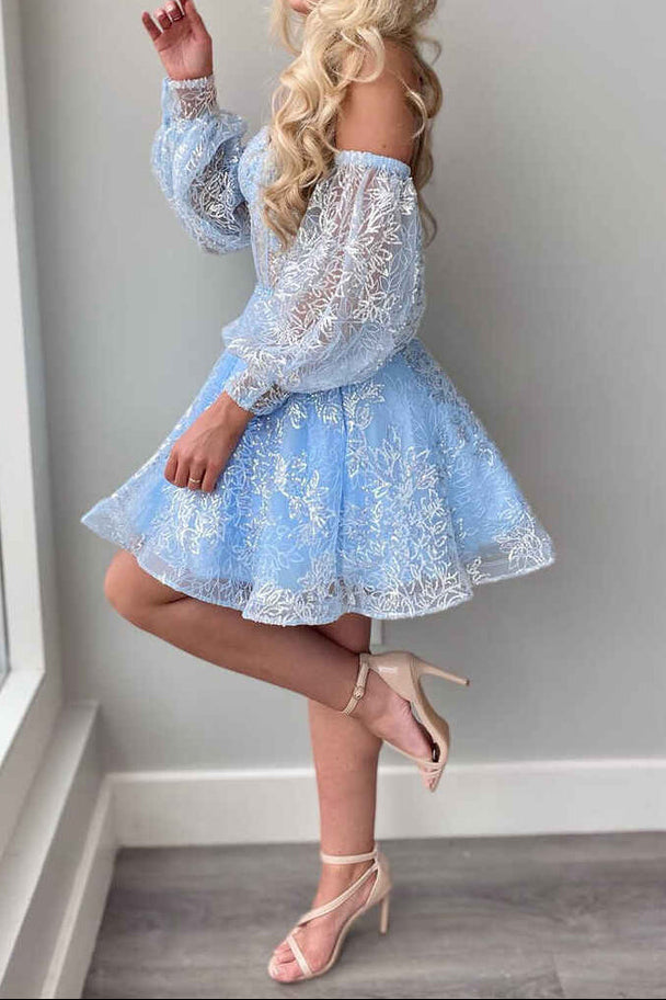 Off Shoulder Puff Sleeve Sequin Lace Mini Dress