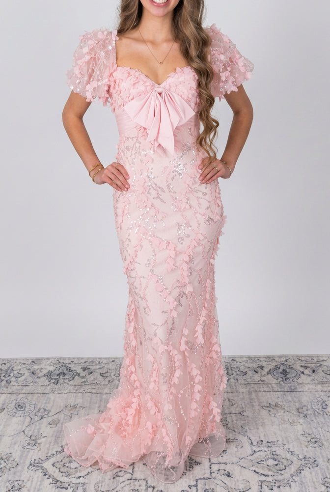 3D Floral Sequin Gown with Bow Accent