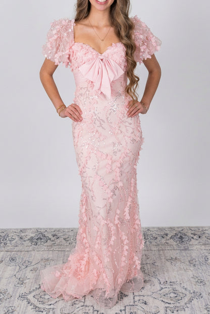 3D Floral Sequin Gown with Bow Accent