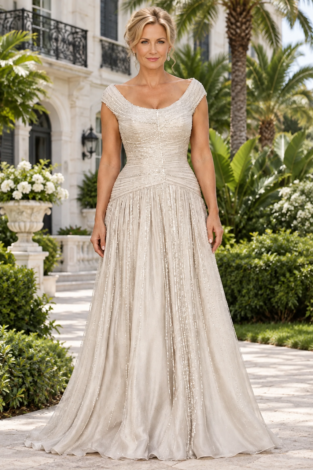 Pleated Bodice Beaded Cap Sleeve Evening Gown