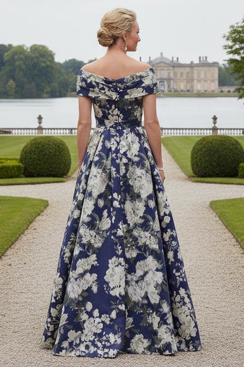Off-the-Shoulder Floral Jacquard A-Line Gown